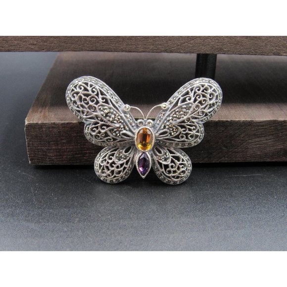 Sterling Silver Citrine Amethyst Marcasite Butterfly Pin Brooch - Picture 1 of 7